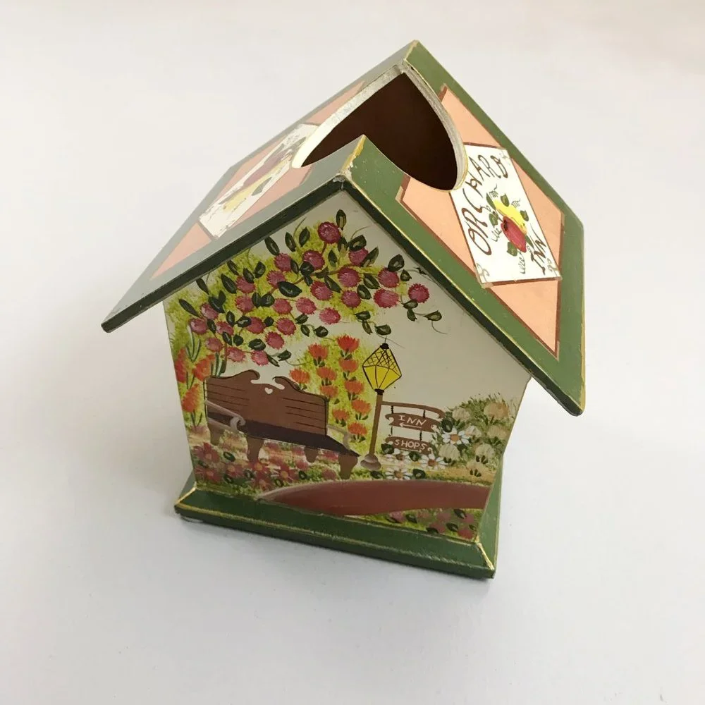 VINTAGE Cozy Cottagecore Tissue Box Hand Painted Orchard Path Field Of Flowers